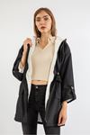Long Sleeve Hooded Hip Height Oversize Plush Women Raincoat - Black