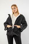 Long Sleeve Zip Neck Short Oversize Plush Women Raincoat - Black