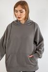Quilted Fabric Hooded Hip Height Oversize Zip Detailed Women Sweatshirt - Anthracite 