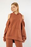 Quilted Fabric Hooded Hip Height Oversize Zip Detailed Women Sweatshirt - Brick 