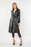 Faux Leather Long Sleeve Shirt Collar Midi Women Trench Coat With Belt - Black