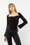 Knitwear Fabric Queen Anna Neck Short Tight Fit Asymmetric Women Sweater - Black