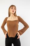 Knitwear Fabric Queen Anna Neck Short Tight Fit Asymmetric Women Sweater - Brown