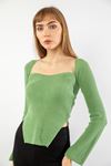 Knitwear Fabric Queen Anna Neck Short Tight Fit Asymmetric Women Sweater - Mustard Green