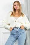 Knitwear Fabric Balloon Sleeve V-Neck Short Oversize Button Women Cardigan - Ecru