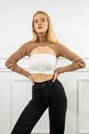 Knitwear Fabric Long Sleeve Surplice Neck Short Women Sweater - Light Brown