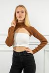 Knitwear Fabric Long Sleeve Surplice Neck Short Women Sweater - Brown