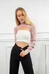 Knitwear Fabric Long Sleeve Surplice Neck Short Women Sweater - Light Pink
