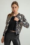 Atlas Fabric Long Sleeve Hip Height Snake Pattern Women Jacket - Stone