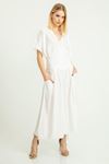Aerobin Fabric Double-Breasted Collar Long Women Dress - Ecru