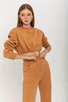Şardonlu 3 İplik Kumaş Uzun Kol  Kadın Sweatshirt-Taba