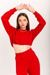 Şardonlu 3 İplik Kumaş Uzun Kol  Kadın Sweatshirt-Kırmızı