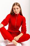 Third Knit Fabric Long Sleeve Roll Neck Tight Fit Zip Women Overalls - Red