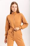 Third Knit Fabric Long Sleeve Roll Neck Tight Fit Zip Women Overalls - Light Brown