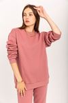 Şardonlu 3 İplik Kumaş Uzun Kol Basen Altı Boy Kadın Sweatshirt-Gül Kurusu