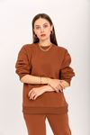 Şardonlu 3 İplik Kumaş Uzun Kol Basen Altı Boy Kadın Sweatshirt-Kahve