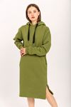 Third Knit With Wool İnside Fabric Long Sleeve Hooded Oversize Women Dress - Khaki 