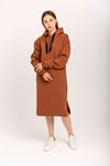 Third Knit With Wool İnside Fabric Long Sleeve Hooded Oversize Women Dress - Brown