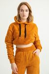 Velsoft Fabric Long Sleeve Hooded Crop Comfy Women Sweatshirt - Mustard