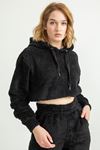 Velsoft Fabric Long Sleeve Hooded Crop Comfy Women Sweatshirt - Black