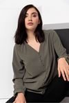 Jesica Fabric Long Sleeve V-Neck Comfy Fit Women'S Shirt - Khaki 