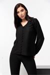 Jesica Fabric Long Sleeve V-Neck Comfy Fit Women'S Shirt - Black