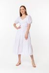 Soft Kumaş Balon Kol Kalp Yaka Sırttan Bağlama Detaylı Kadın Elbise-Beyaz