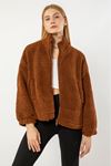 Plush Fabric Long Sleeve Zip Neck Short Zip Women Sweatshirt - Brown