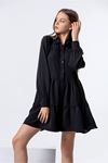 Aerobin Fabric Long Sleeve Shirt Collar Mini Oversize Women Tunic - Black