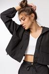Soft Fabric Long Sleeve Hooded Crop Oversize Women Jacket - Black