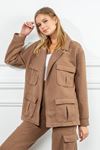 Quilted Fabric Bicycle Collar Oversize Double Pocket Women Sweatshirt - Brown