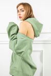 Third Knit Fabric Hooded Below The Hip Oversize Button Women Sweatshirt - Water Green