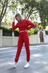 3 İplik Kumaş Uzun Eteği Korsajlı Kadın Sweatshirt-Kırmızı