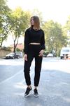 3 İplik Kumaş Uzun Eteği Korsajlı Kadın Sweatshirt-Siyah