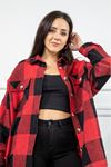 Lumberjack Fabric Long Sleeve Hip Height Oversize Square Print Women'S Shirt - Red