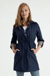 Woven Fabric Zip Neck Below The Hips Women Raincoat - Navy Blue 
