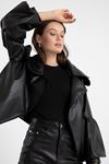 Leather Fabric Balloon Sleeve Revere Collar Oversize Women Jacket - Black