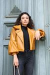 Leather Fabric Balloon Sleeve Revere Collar Oversize Women Jacket - Mustard