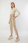 Woven Fabric Ankle Length Comfy High Waist Women'S Trouser - Beige 