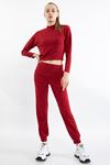 Örme Melanj Kumaş Uzun Kol Dik Yaka Arkadan Bağlama Detaylı Kadın Bluz-Kırmızı