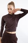 Knitting Melange Fabric Long Sleeve Stand Up Collar Tied İn The Back Blouse - Brick 