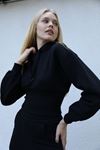 Thread Knit FabricLong Sleeve Hooded Tigth Fit Bodice Waist Women Sweatshirt - Black