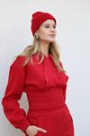 3 İplik Örme Kumaş Dar Kalıp Beli Korsajlı Kadın Sweatshirt-Kırmızı