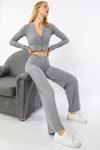 Knitwear Fabric Comfy Fit Elastic Waist Wide Leg Women'S Trouser - Grey