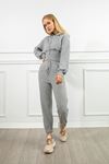 Honeycomb Fabric Long Sleeve Hooded Bodice Waist Women Sweatshirt - Grey