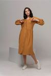 Aerobin Fabric Long Sleeve V-Neck Midi Oversize Asymmetric Women Dress - Mustard