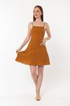 Muslin Fabric Spaghetti Neck Above Knee Tight Fit Back Detailed Women Dress - Light Brown