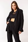 Atlas Fabric Revere Collar Below Hip Classical Single Button Women Jacket - Black