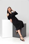 Aerobin Fabric Long Sleeve Midi Ruffled V Neck Women Dress - Black