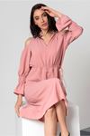 Aerobin Fabric Long Sleeve Midi Ruffled V Neck Women Dress - Light Pink